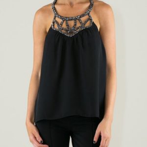 Black Embellished Strappy Neck Halter Tank