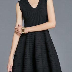 Black Embossed Sleeveless V Neck Sweater Dress