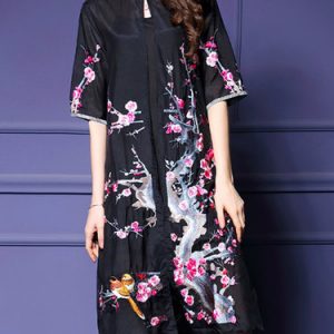 Black Embroidered Stand Collar Half Sleeve H-line Coat