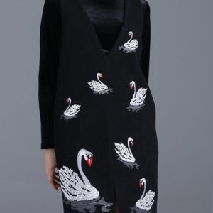 Black Embroidered Two Piece Animal Pattern Long Sleeve Midi Dress