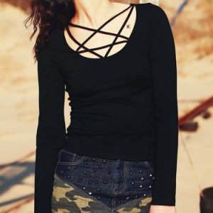 Black Flare Sleeve Knitted Scoop Neckline T-Shirt