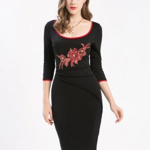 Black Floral 3/4 Sleeve Scoop Neckline Sheath Midi Dress