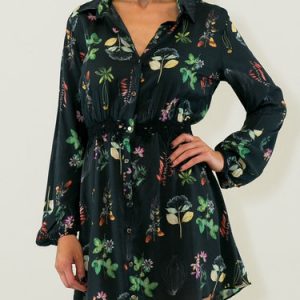 Black Floral Long Sleeve Shirt Collar Mini Dress