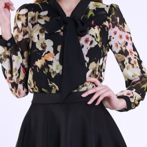 Black Floral Paneled Polyester Blouse