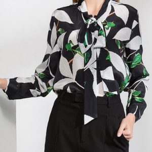 Black Floral Print H-line Long Sleeve Silk Blouse