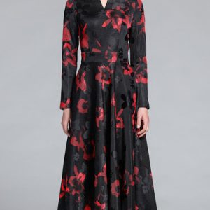 Black Floral Print Long Sleeve A-line Midi Dress