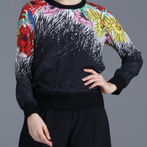 Black Floral Printed Crew Neck Long Sleeved Top