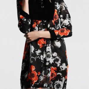 Black Floral Shift 3/4 Sleeve Polyandrum Mini Dress