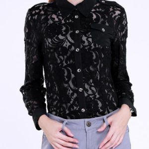 Black Floral Shirt Collar Long Sleeve Blouse