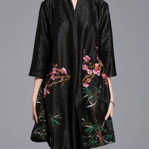 Black Floral-embroidered Stand Collar Floral 3/4 Sleeve Coat