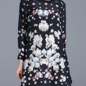 Black Floral-print Crew Neck Long Sleeve Mini Dress