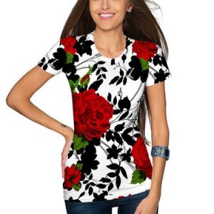 Black Floral-print Crew Neck Short Sleeve Plus Size T-Shirt