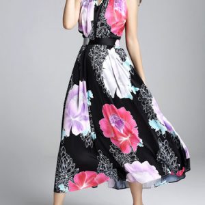 Black Floral-print Swing Vintage Midi Dress