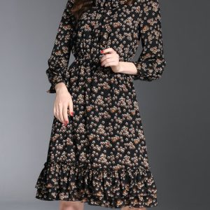 Black Flounce Ruffled Shirt Collar Printed Casual Midi Dress