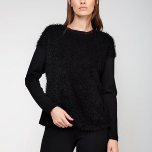 Black Fluffy Zipper Woven Crew Neck Long Sleeved Top