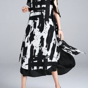 Black Frill Sleeve Printed Asymmetrical Midi Dress