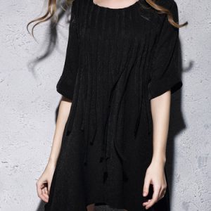 Black Fringed Crew Neck Casual Half Sleeve Mini Dress