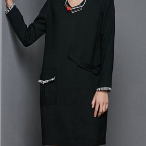 Black Fringed H-line Long Sleeve Solid Midi Dress