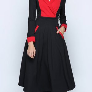 Black Gathered Color-block Swing Long Sleeve Midi Dress