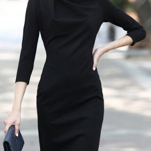 Black Gathered Sheath 3/4 Sleeve Solid Elegant Mini Dress