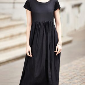 Black Gathered Two Piece Crew Neck Short Sleeve Midi Dress