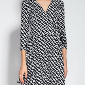 Black Geometric Casual A-line Surplice Neck Mini Dress