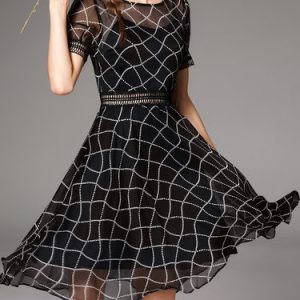 Black Geometric Plaid Short Sleeve Midi Dress