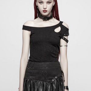 Black Gothic T Shirt Cut Out Grommetsone Shoulder Retro Costumes For Women Halloween