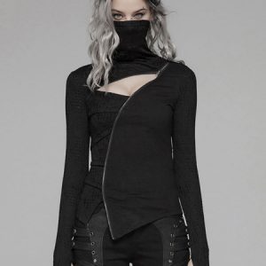 Black Gothic T Shirt Cut Out Zipper Irregular Design Long Sleeve Retro Costumes For Women Halloween