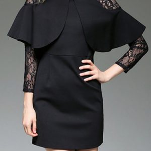 Black Guipure Lace 3/4 Sleeve Cape Sheath Mini Dress