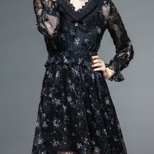 Black Guipure Lace Girly Frill Sleeve A-line Midi Dress