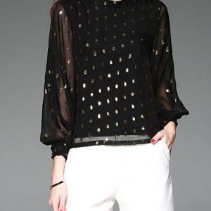 Black H-line Polka Dots Balloon Sleeve Silk Blouse