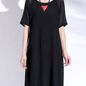 Black Half Sleeve Crew Neck Casual Paneled Midi Dress