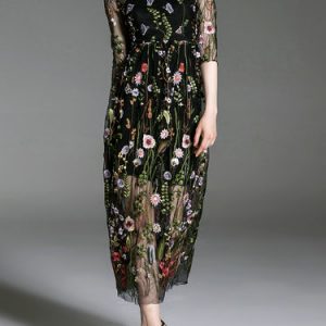 Black Half Sleeve Embroidered Floral A-line Midi Dress