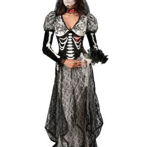 Black Halloween Costumes Corpse Bride Skeleton Print Lace 3 Pieces Holidays Costumes