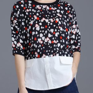 Black Heart-shaped Printed 3/4 Sleeve Silk Blouse