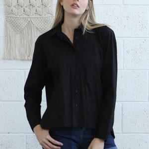 Black High Low Cotton Solid Long Sleeve Blouse