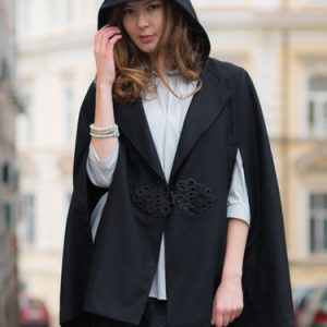 Black Hoodie Casual Solid Wool Blend Poncho And Cape