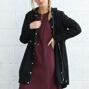 Black Hoodie Embroidered Drawcord Coat