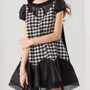 Black Houndstooth Shift Crew Neck Short Sleeve Mini Dress