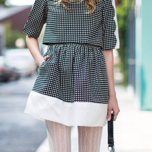 Black Jacquard Crew Neck Polka Dots Two Piece Mini Dress