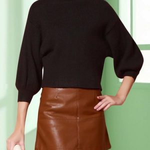 Black Knitted Balloon Sleeve Turtleneck Plain Blouse