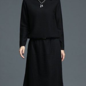 Black Knitted Paneled Casual Midi Dress