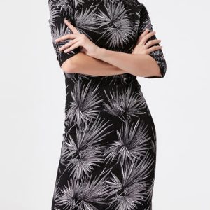 Black Knitted Printed Half Sleeve Sheath Midi Dress