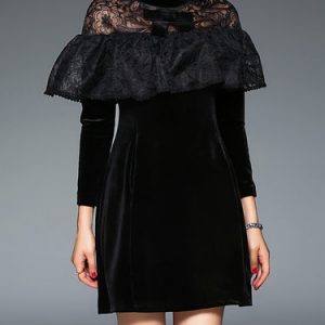 Black Lace Paneled Bow Ruffled Girly Mini Dress