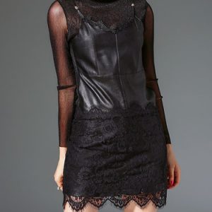 Black Lace Paneled Plain Elegant Bodycon Mini Dress