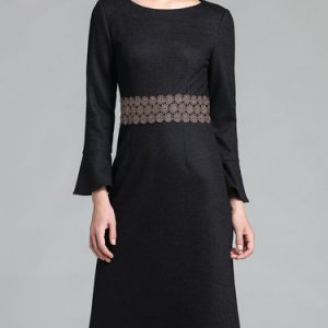 Black Lace Paneled Simple Plain Long Sleeved Midi Dress