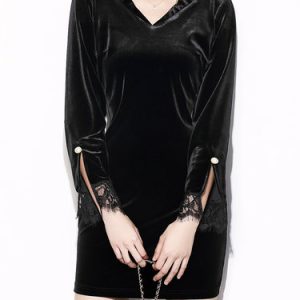 Black Lace Paneled Solid V Neck Casual Mini Dress