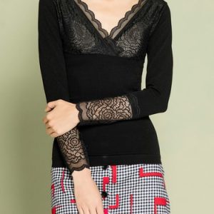 Black Lace Plain V Neck Casual Long Sleeved Top