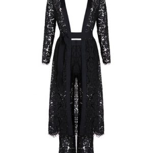 Black Lace Solid Sexy Three Piece Suits And Separate